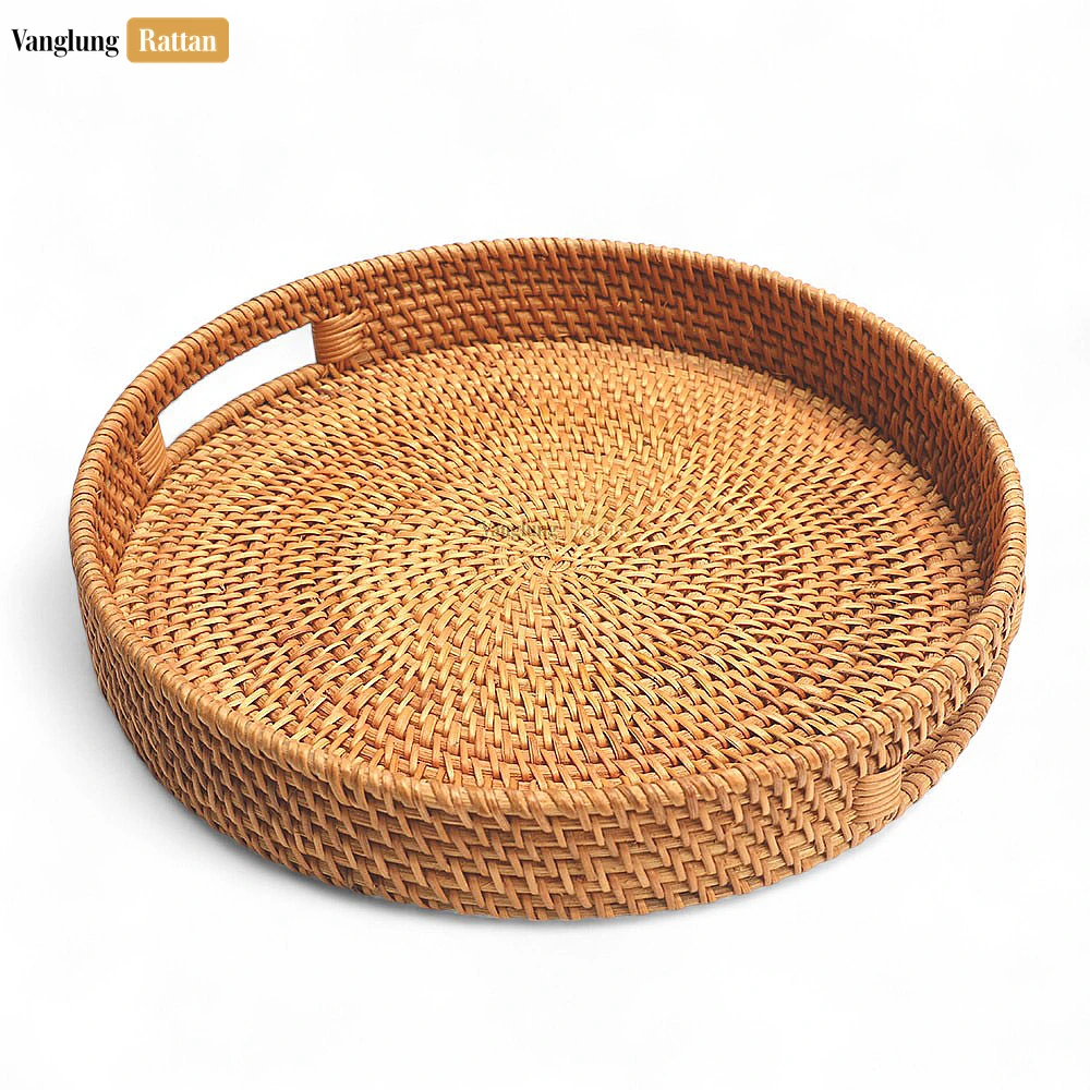 Brown Handle Round Bamboo Rattan Serving Tray - STRO011001 - Brown Handle Round Bamboo Rattan Serving Tray - STRO011001