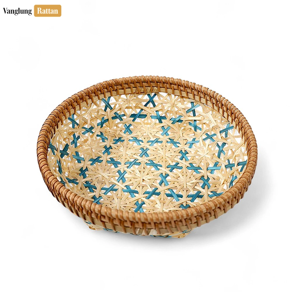 Handwoven Bamboo Rattan Serving Bowl with Blue Star Pattern - TW05BL007-1.webp