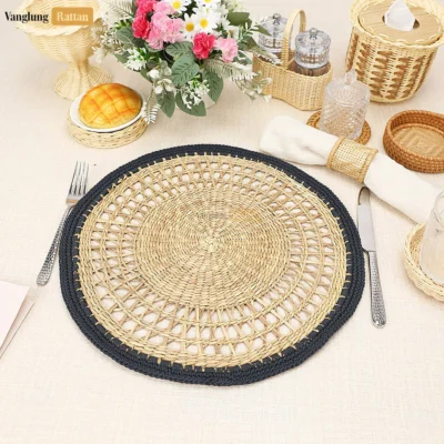 Handwoven Mesh Black Round Seagrass Placemat for Dinner Decoration - UP092005-4.webp