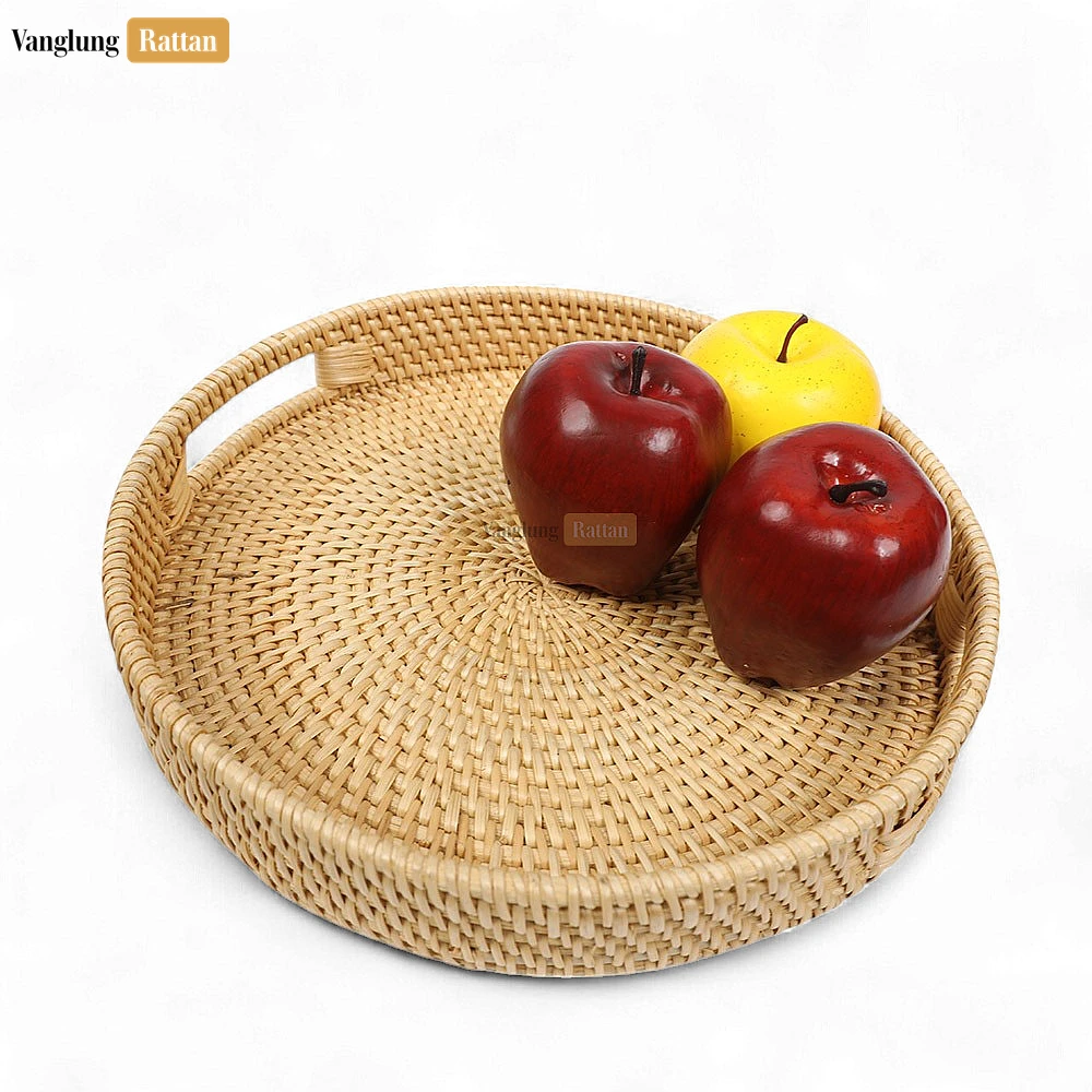 Gray Handle Round Bamboo Rattan Serving Tray - STRO011011 - Gray Handle Round Bamboo Rattan Serving Tray - STRO011011