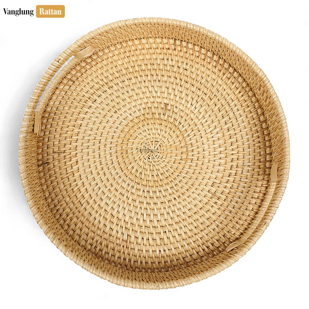 Gray Handle Round Bamboo Rattan Serving Tray - STRO011011 - 🏠 Applications