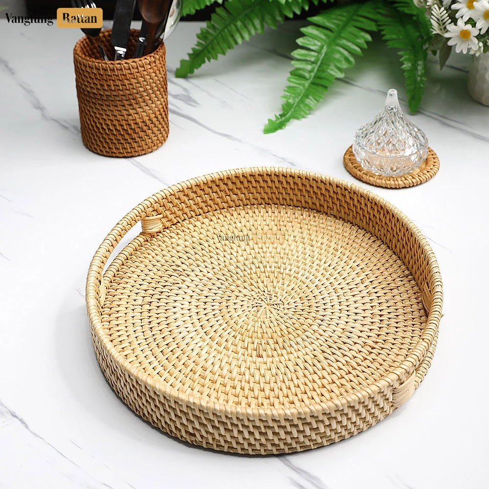 Gray Handle Round Bamboo Rattan Serving Tray - STRO011011 - ❓ Frequently Asked Questions