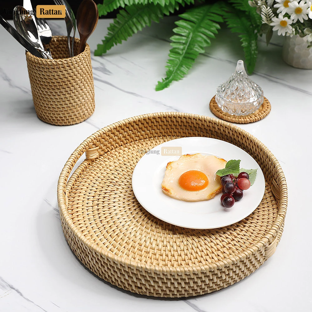 Gray Handle Round Bamboo Rattan Serving Tray - STRO011011 - Is this tray food-safe?