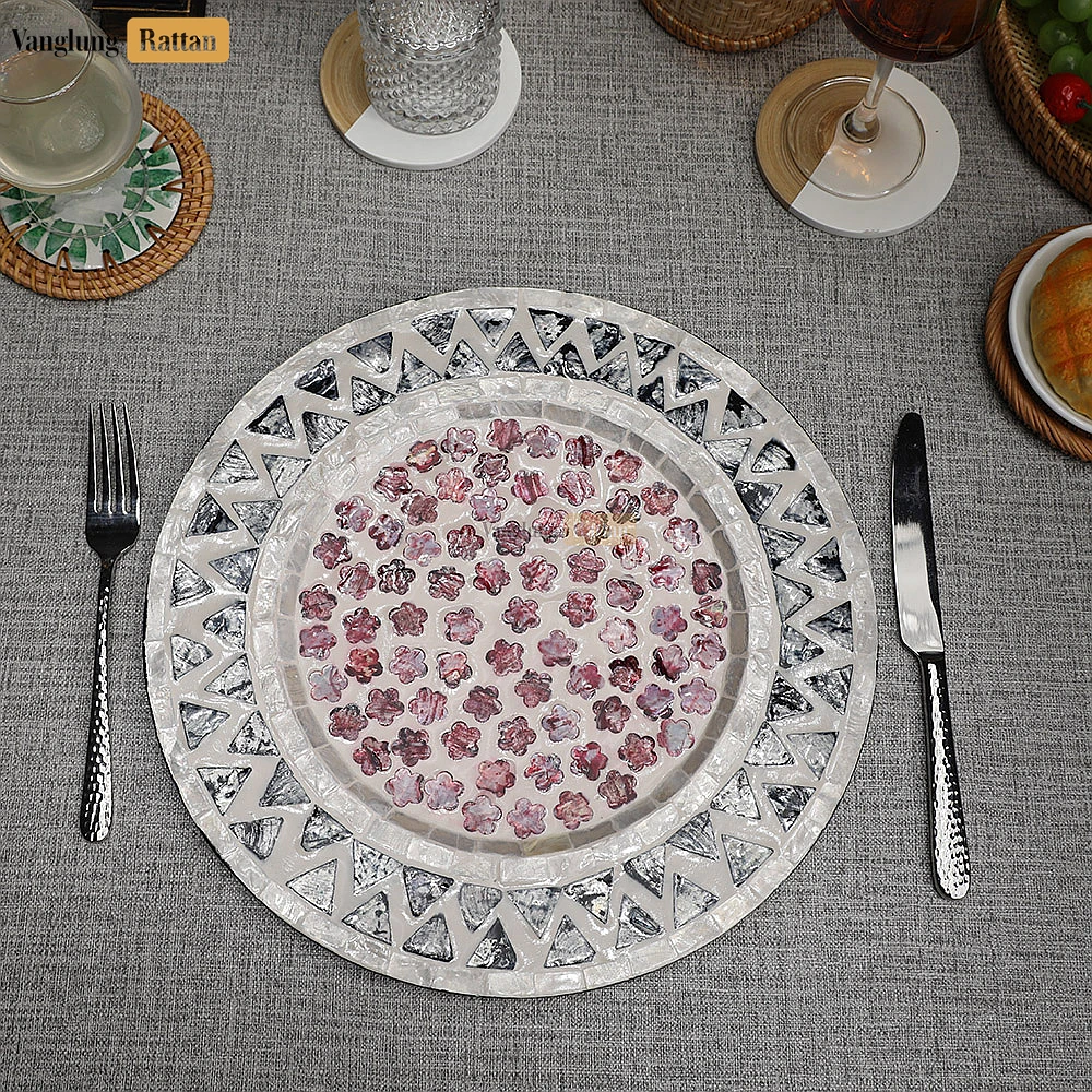 Pink Floral Mother of Pearl Mosaic Charger Plate - UP06KT1002 - Pink Floral Mother of Pearl Mosaic Charger Plate - UP06KT1002