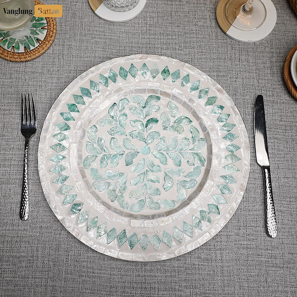 Round Mother of Pearl Charger Plate - Green Mosaic - UP06KT1001 - Round Mother of Pearl Charger Plate - Green Mosaic - UP06KT1001