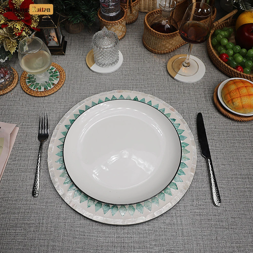 Round Mother of Pearl Charger Plate - Green Mosaic - UP06KT1001 - 🌟 Product Details