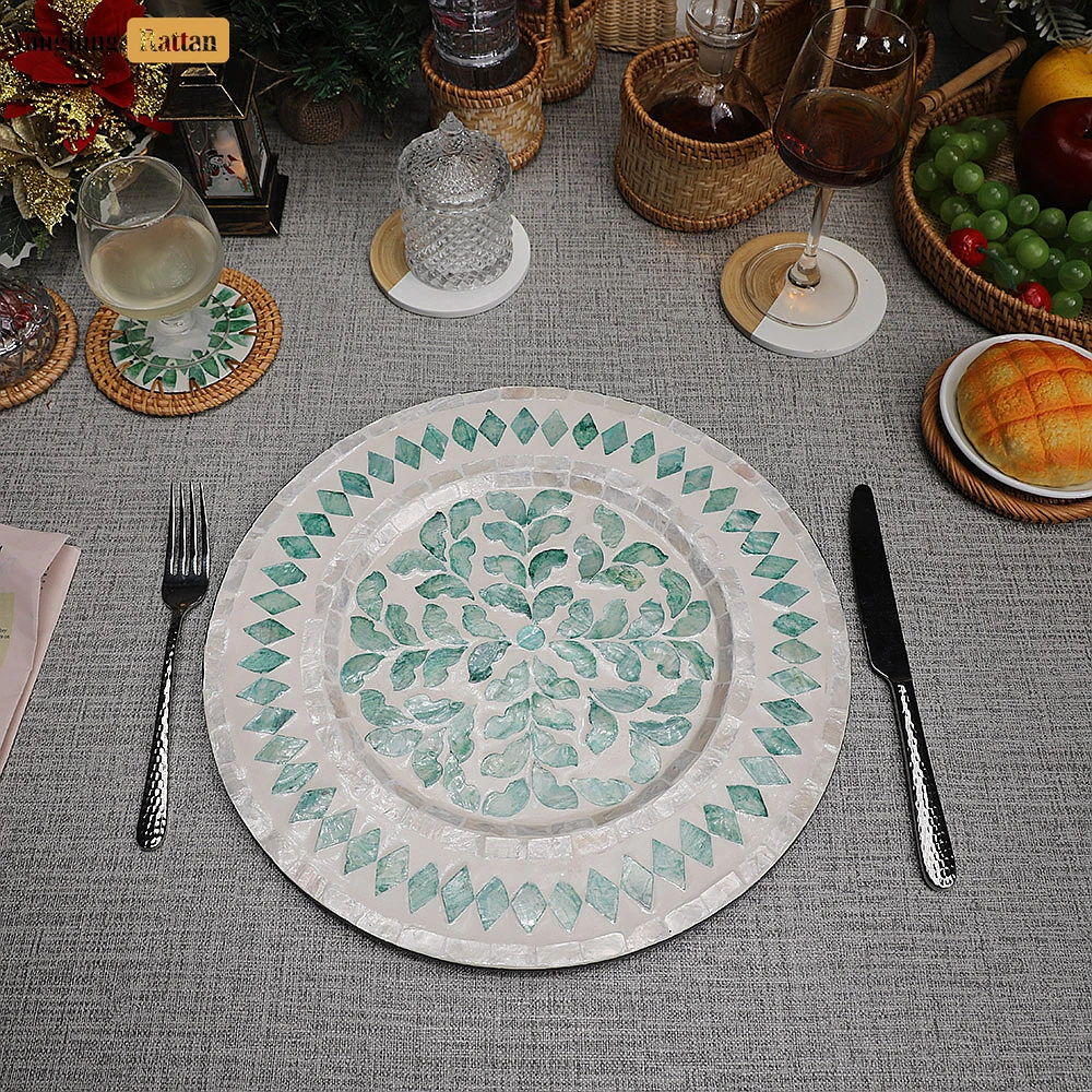 Round Mother of Pearl Charger Plate - Green Mosaic - UP06KT1001 - 🏠 Applications