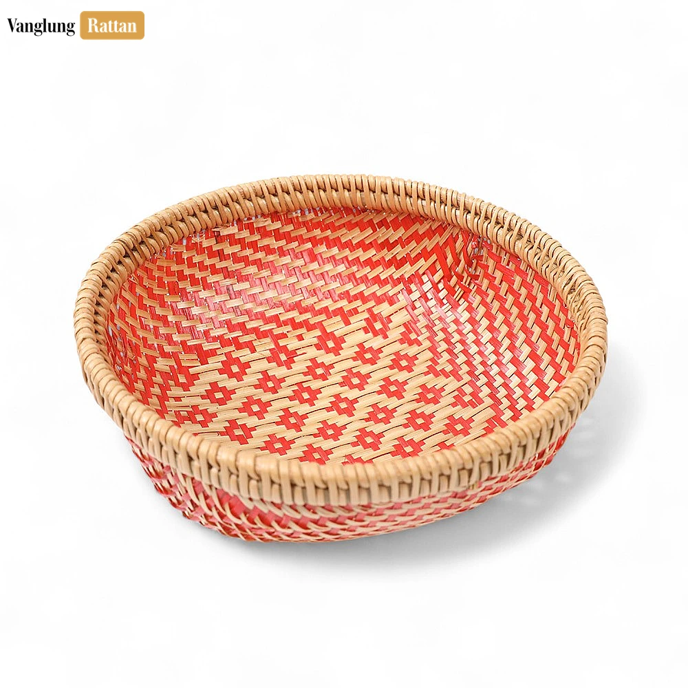 Round Woven Fruit Serving Bowl with Red and Natural Weave - TW05BL008 - Round Woven Fruit Serving Bowl with Red and Natural Weave - TW05BL008