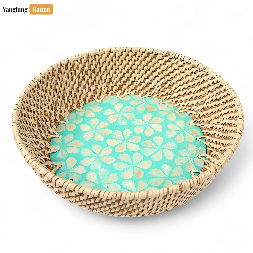 Aqua Floral Inlay Rattan Mother of Pearl Serving Bowl - TW02BL0018F2 - Aqua Floral Inlay Rattan Mother of Pearl Serving Bowl - Elegant Handcrafted Home Decor