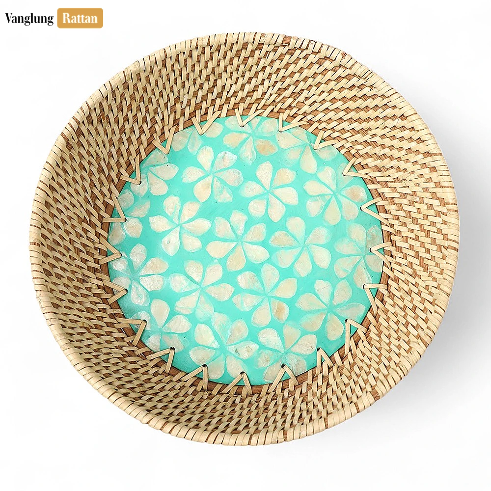 Aqua Floral Inlay Rattan Mother of Pearl Serving Bowl - TW02BL0018F2 - 🏠 Applications & Uses