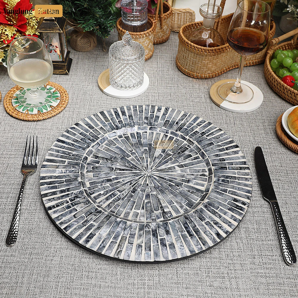 Charcoal Grey Mother of Pearl Mosaic Charger Plate - UP06KT1008 - 🛒 Why Should You Buy Products at VanglungRattan?
