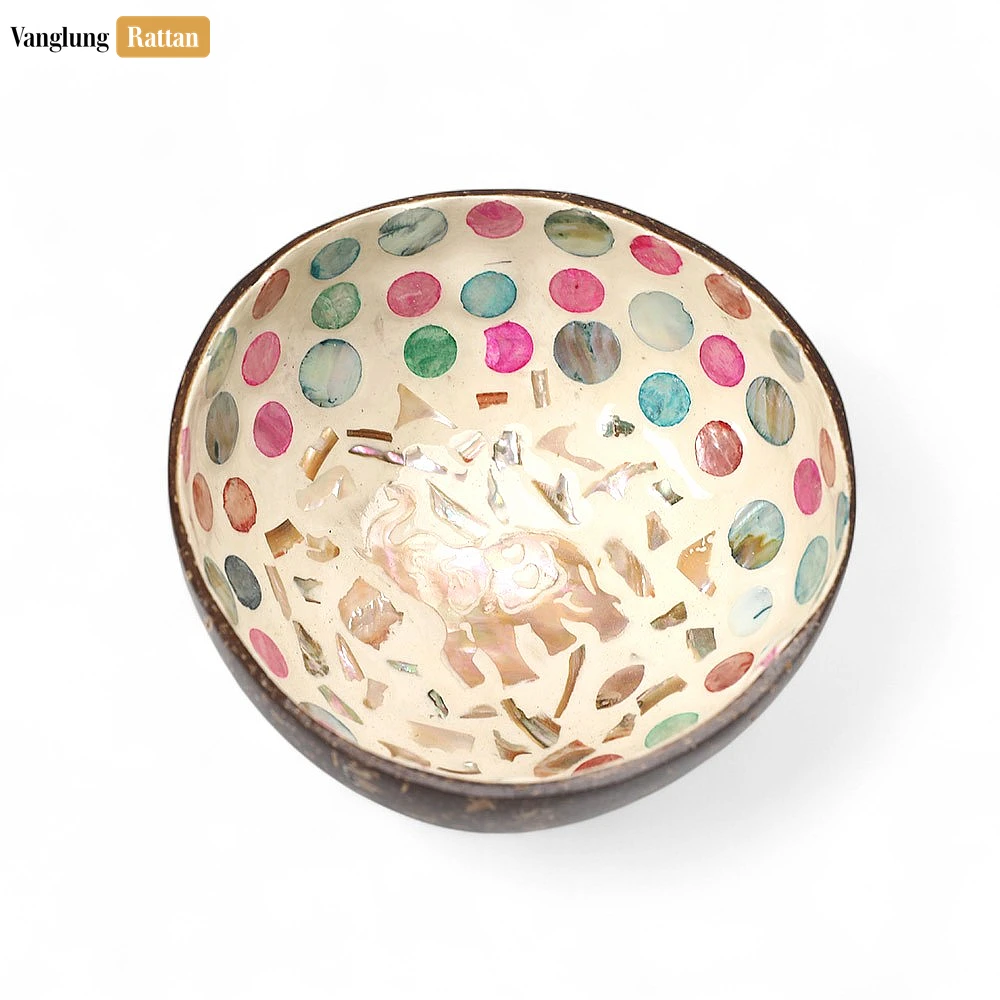 Handmade Coconut Bowl Mother of Pearl with Elephant Mosaic and Colorful Polka Dots - TW09CC008 - 🥥 Handmade Coconut Bowl Mother of Pearl with Elephant Mosaic and Colorful Polka Dots - TW09CC008