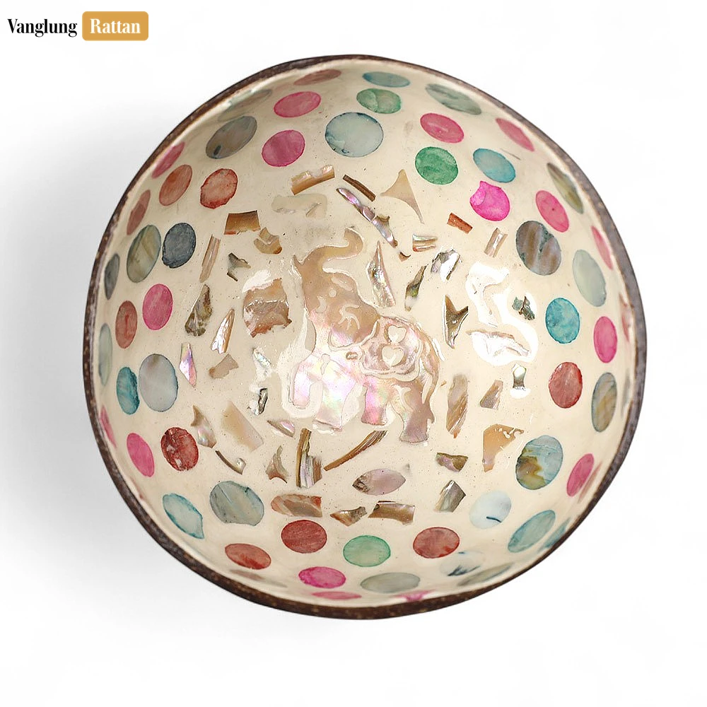Handmade Coconut Bowl Mother of Pearl with Elephant Mosaic and Colorful Polka Dots - TW09CC008 - ✨ Product Highlights