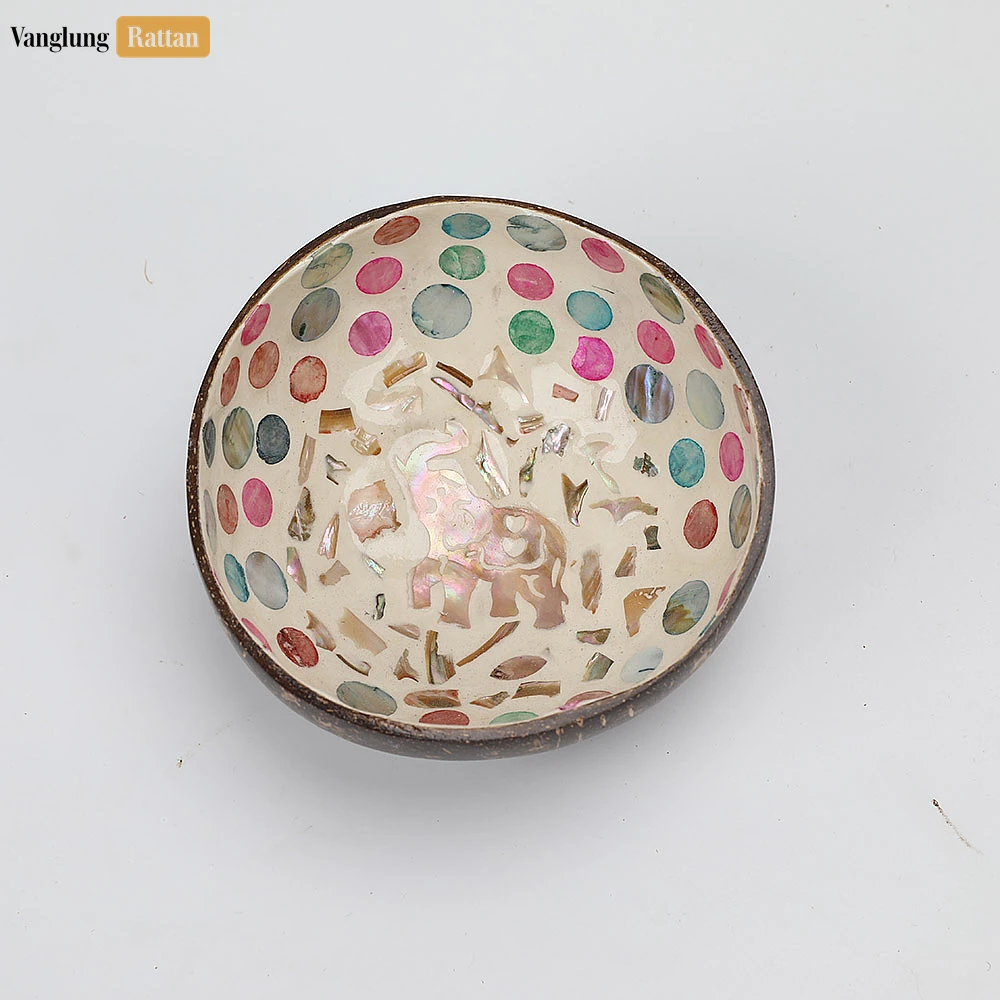 Handmade Coconut Bowl Mother of Pearl with Elephant Mosaic and Colorful Polka Dots - TW09CC008 - 🏆 Why Choose VanglungRattan
