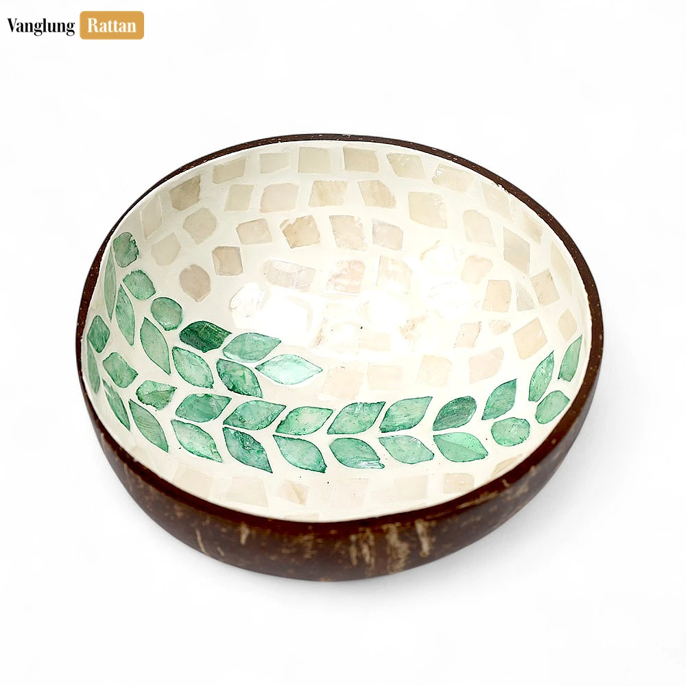 Handmade Coconut Bowl Mother of Pearl with Green Botanical Vine Mosaic - TW09CC004 - 🌿 Handmade Coconut Bowl Mother of Pearl with Green Botanical Vine Mosaic - TW09CC004