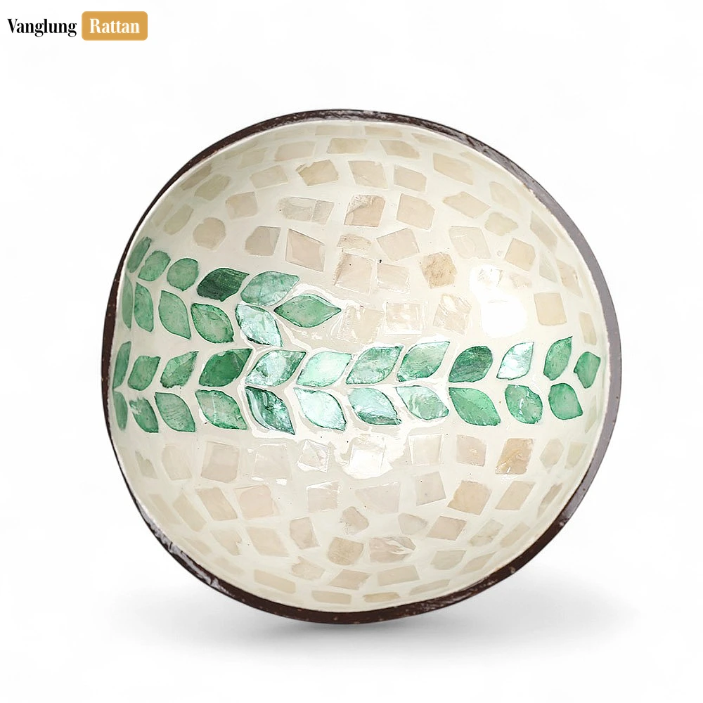 Handmade Coconut Bowl Mother of Pearl with Green Botanical Vine Mosaic - TW09CC004 - 🎯 Applications
