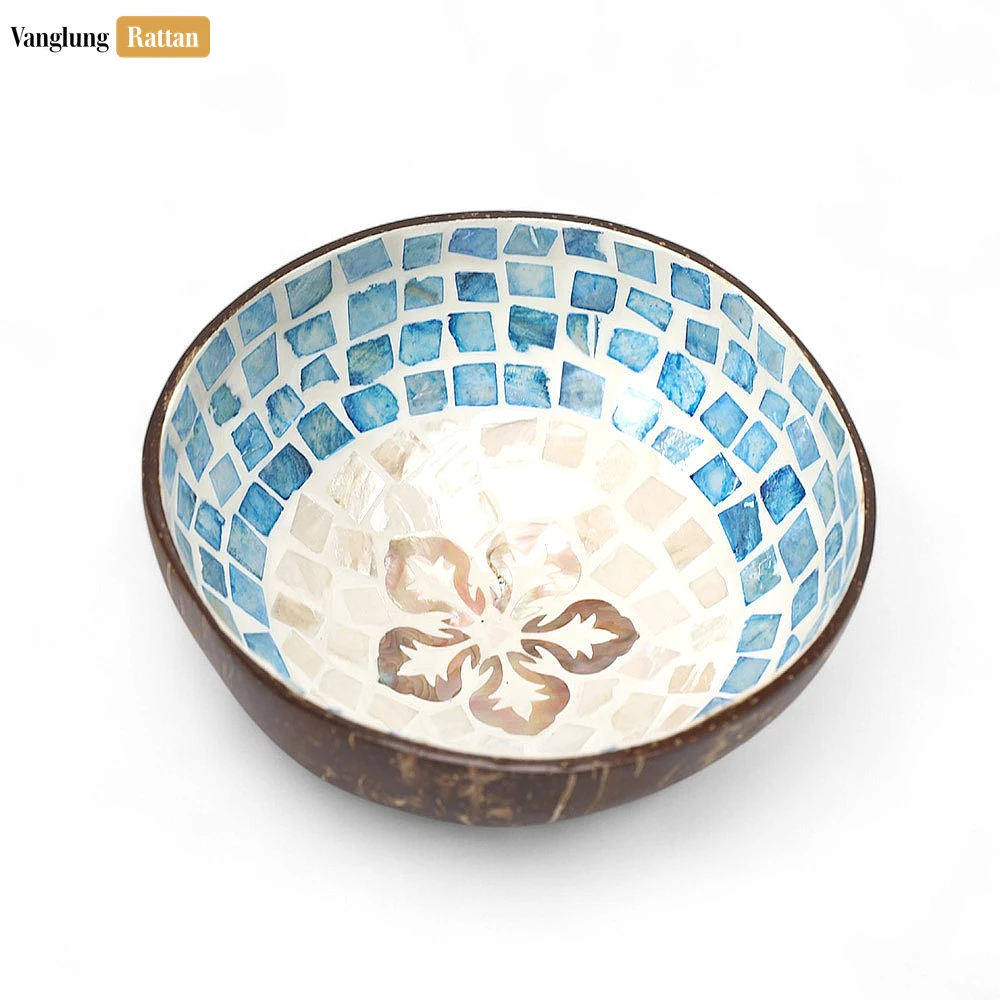 Handmade Coconut Bowl Mother of Pearl with Ombre Mosaic and Pearl Flower - TW09CC007 - 🌺 Handmade Coconut Bowl Mother of Pearl with Ombre Mosaic and Pearl Flower - TW09CC007