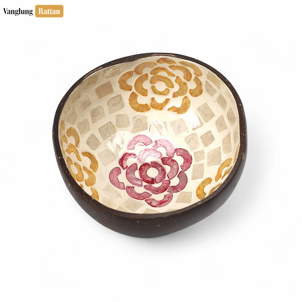 Handmade Coconut Bowl Mother of Pearl with Painted Flower Mosaic - TW09CC005 - 🌺 Handmade Coconut Bowl Mother of Pearl with Painted Flower Mosaic - TW09CC005