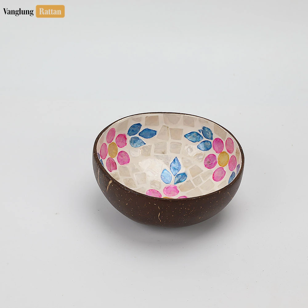 Handmade Coconut Bowl Mother of Pearl with Painted Pink Flower - TW09CC003 - 🍽️ Applications