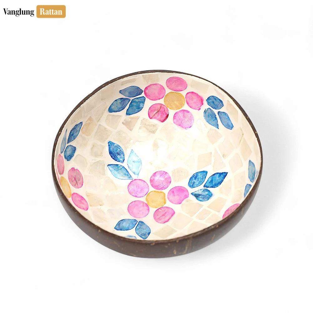 Handmade Coconut Bowl Mother of Pearl with Painted Pink Flower - TW09CC003 - 🏆 Why Choose VanglungRattan