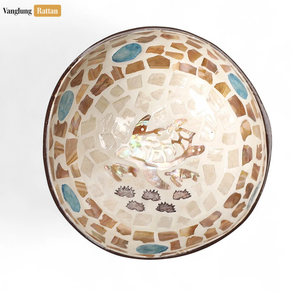 Handmade Coconut Bowl Mother of Pearl with Sea Turtle and Colorful Polka Dots Mosaic - TW09CC010 - 🌊 Handmade Coconut Bowl Mother of Pearl with Sea Turtle and Colorful Polka Dots Mosaic - TW09CC010