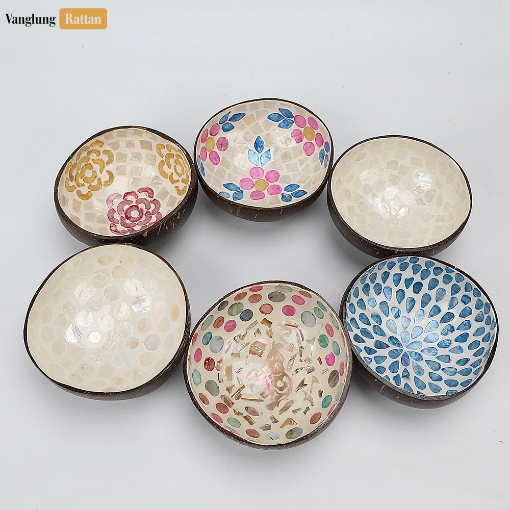 Handmade Coconut Bowl Mother of Pearl with Sea Turtle and Colorful Polka Dots Mosaic - TW09CC010 - 🍽️ Applications