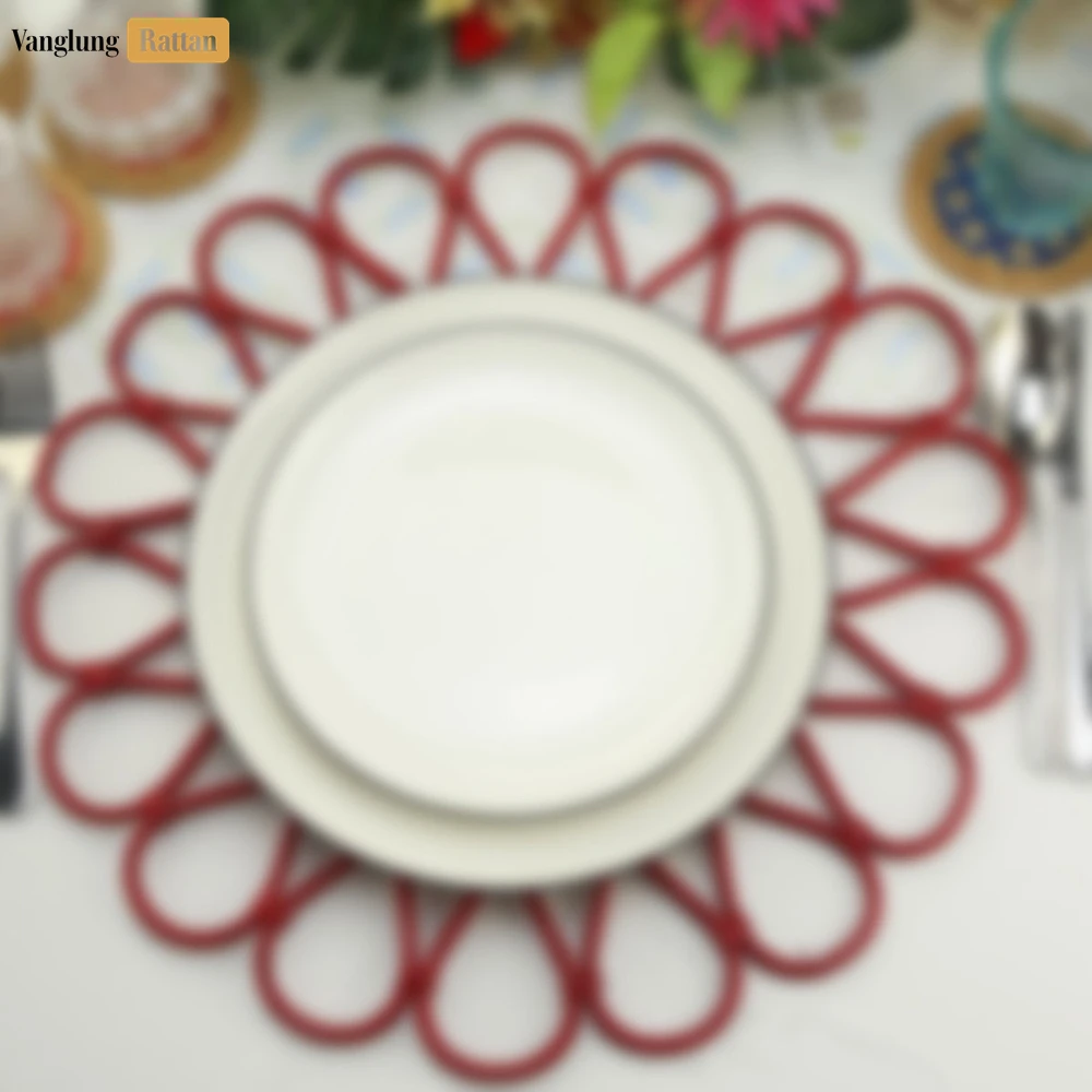 Red Scalloped Flower Handwoven Bamboo Rattan Placemat with Spiral Weave - UP054034 - 🍽️ Applications