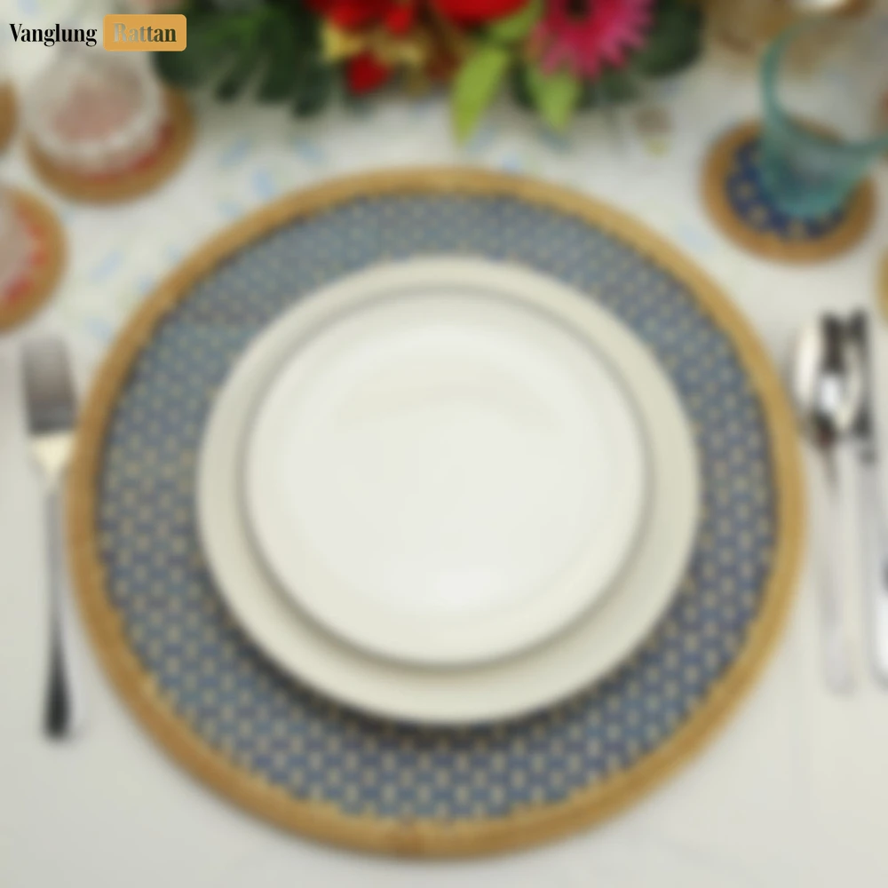 Round Natural Handwoven Bamboo Rattan Placemat with Blue Checkerboard Pattern - UP054027 - ✨ Product Highlights