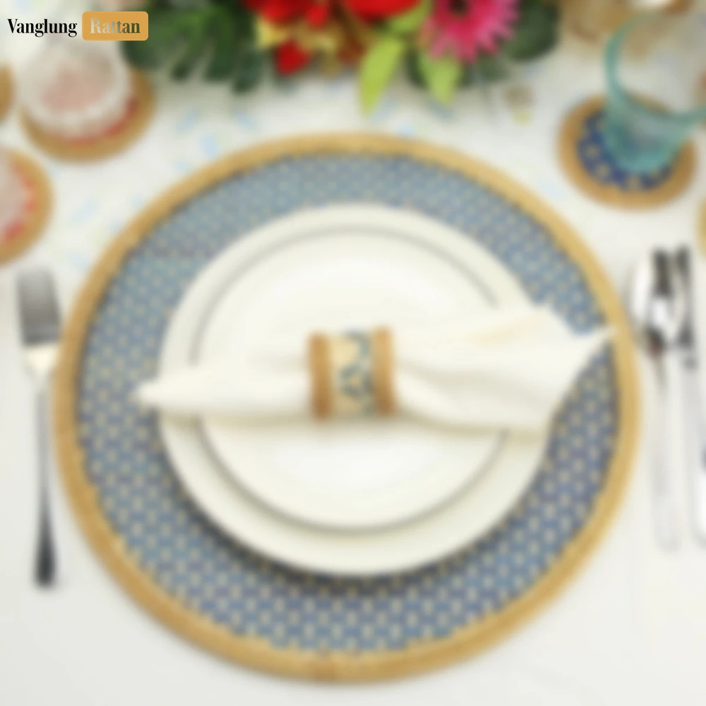 Round Natural Handwoven Bamboo Rattan Placemat with Blue Checkerboard Pattern - UP054027 - 🌟 Why Should You Buy Products at VanglungRattan