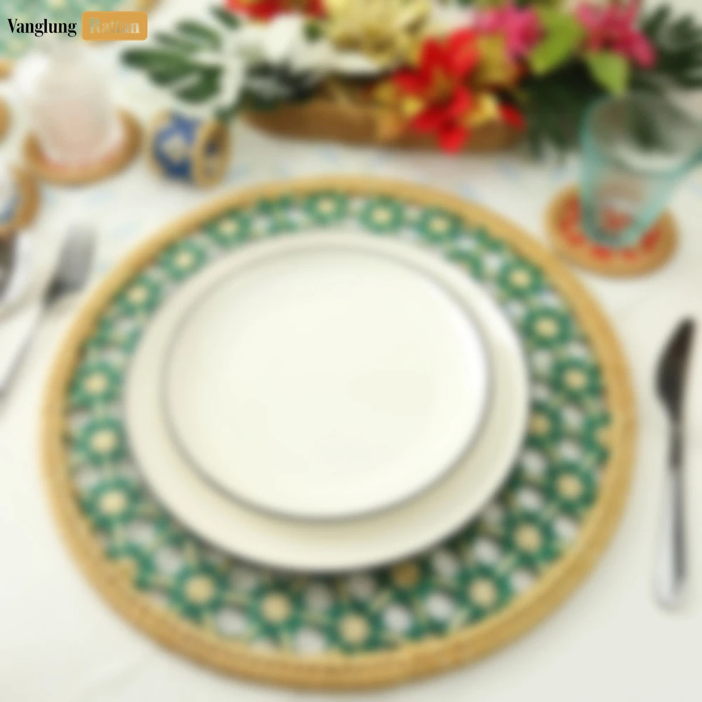 Round Natural Handwoven Bamboo Rattan Placemat with Green Star Hexagon Pattern - UP054029 - ✨ Product Highlights