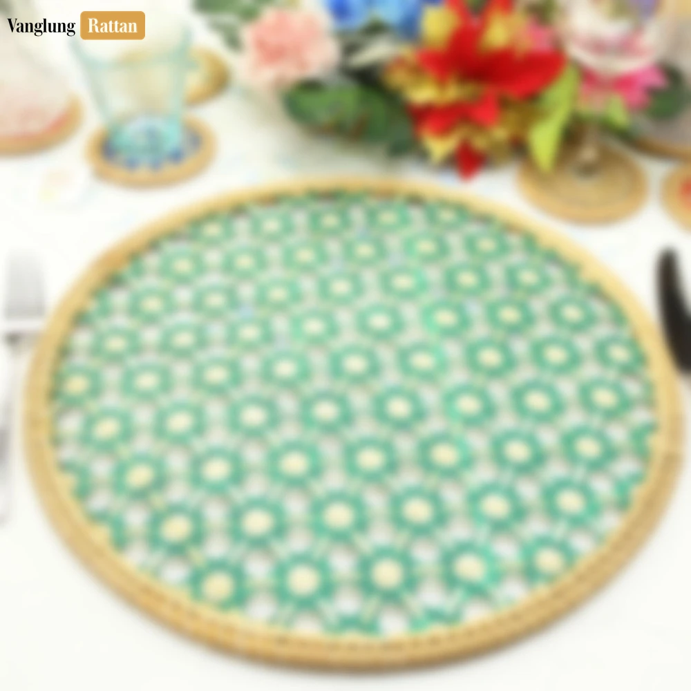 Round Natural Handwoven Bamboo Rattan Placemat with Green Star Hexagon Pattern - UP054029 - 🏆 Why Choose VanglungRattan