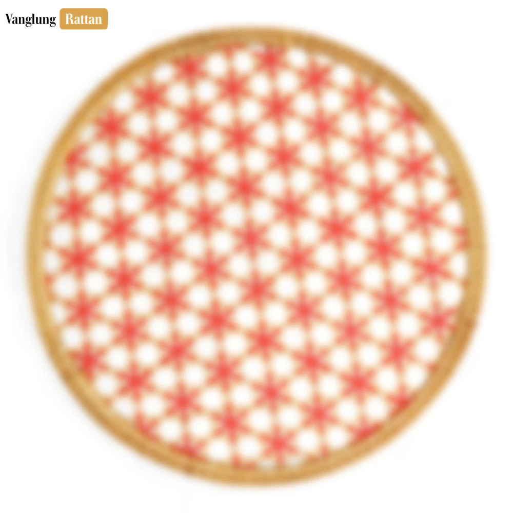 Round Natural Handwoven Bamboo Rattan Placemat with Red Star Hexagon Pattern - UP054028 - Round Natural Handwoven Bamboo Rattan Placemat with Red Star Hexagon Pattern - UP054028