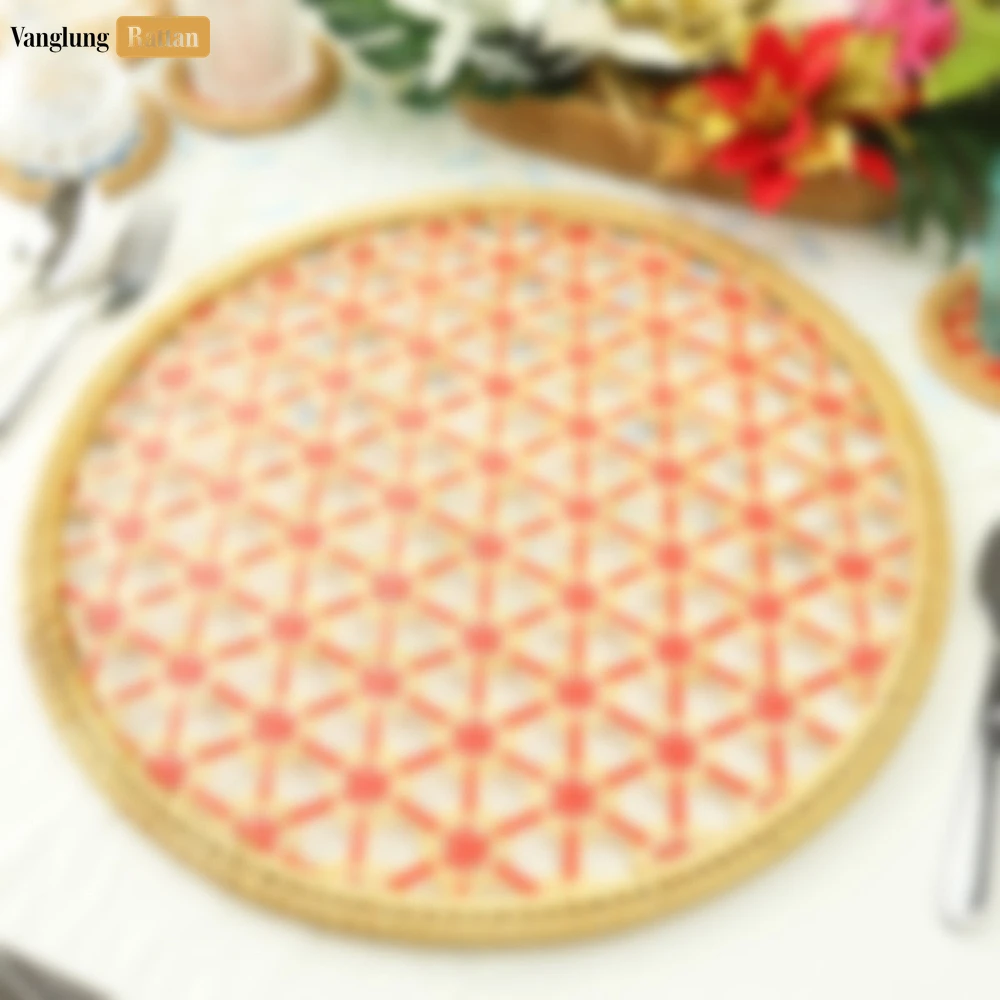 Round Natural Handwoven Bamboo Rattan Placemat with Red Star Hexagon Pattern - UP054028 - ⭐ Product Highlights