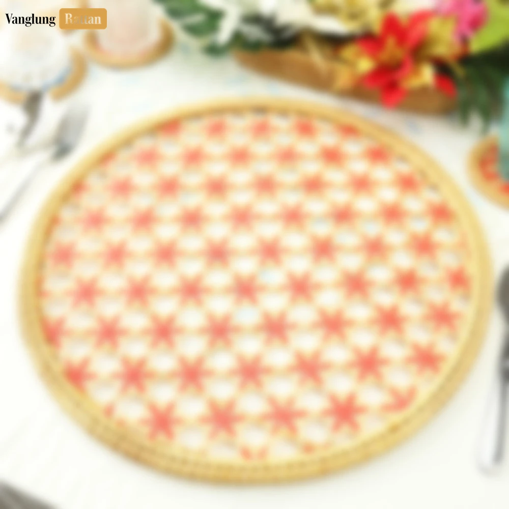 Round Natural Handwoven Bamboo Rattan Placemat with Red Star Hexagon Pattern - UP054028 - 🏆 Why Choose VanglungRattan