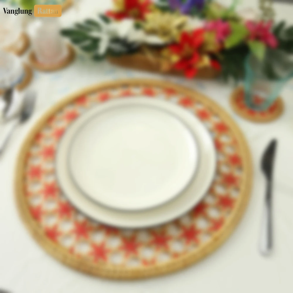 Round Natural Handwoven Bamboo Rattan Placemat with Red Star Hexagon Pattern - UP054028 - Q: How do I clean and maintain this bamboo rattan placemat?