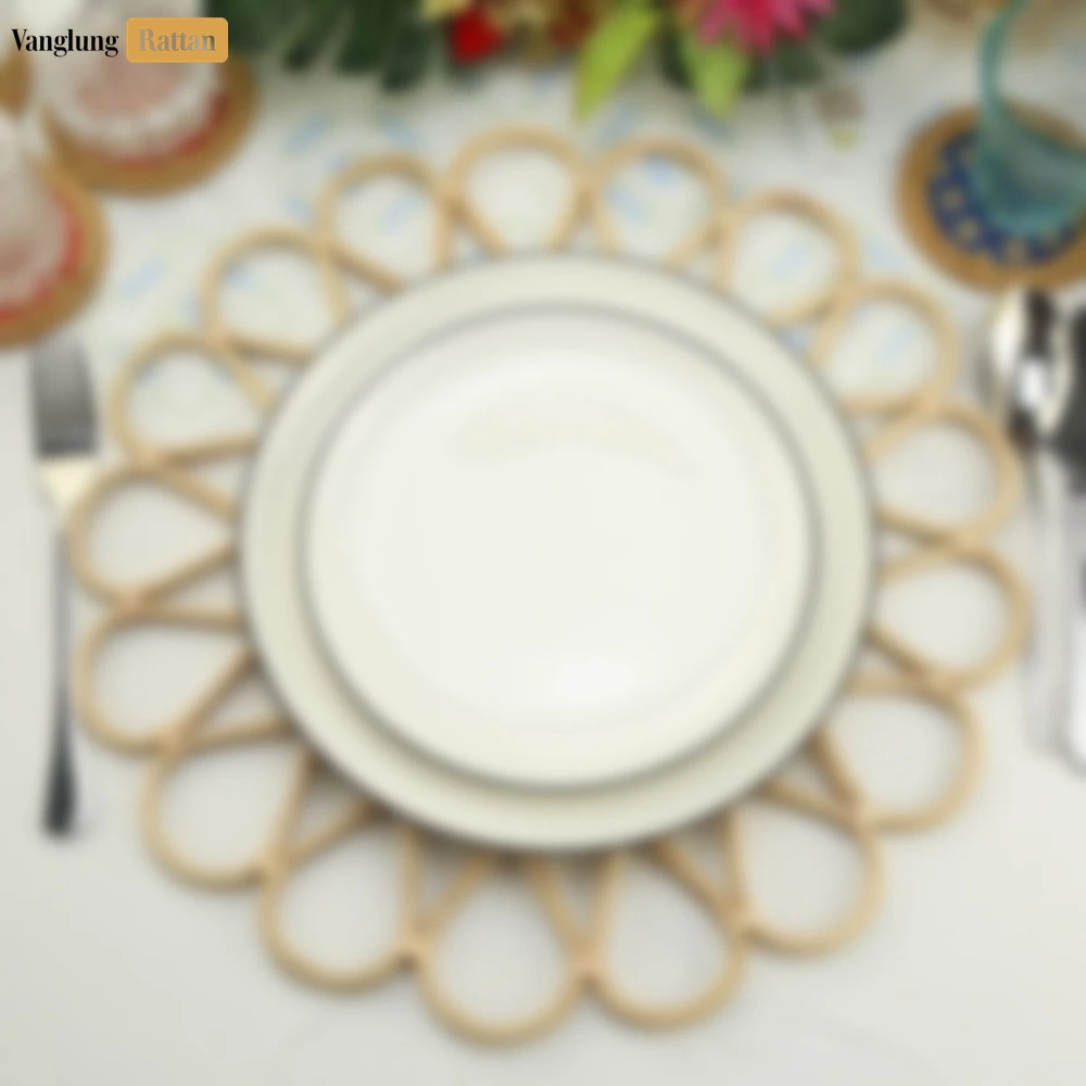 Scalloped Flower Handwoven Bamboo Rattan Placemat with Blue Star Hexagon Pattern - UP054032 - 🏆 Why Choose VanglungRattan?