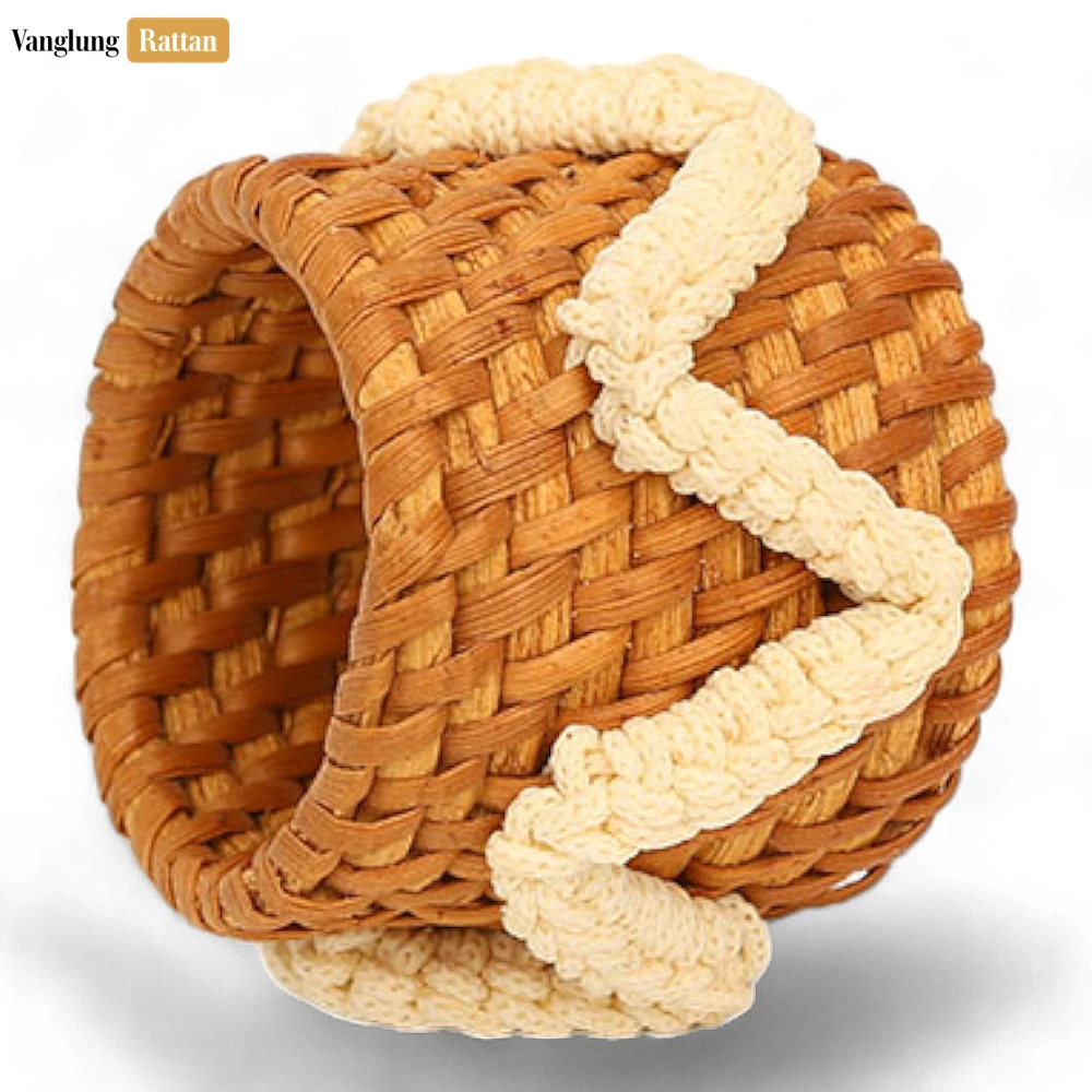 Handwoven Natural Basketweave Straw Rattan Napkin Ring with White Macrame Accent - TW011006-PP - 🌿 Handwoven Natural Basketweave Straw Rattan Napkin Ring with White Macrame Accent - TW011006-PP