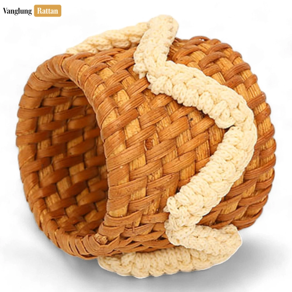 Handwoven Natural Basketweave Straw Rattan Napkin Ring with White Macrame Accent - TW011006-PP - 🎯 Applications