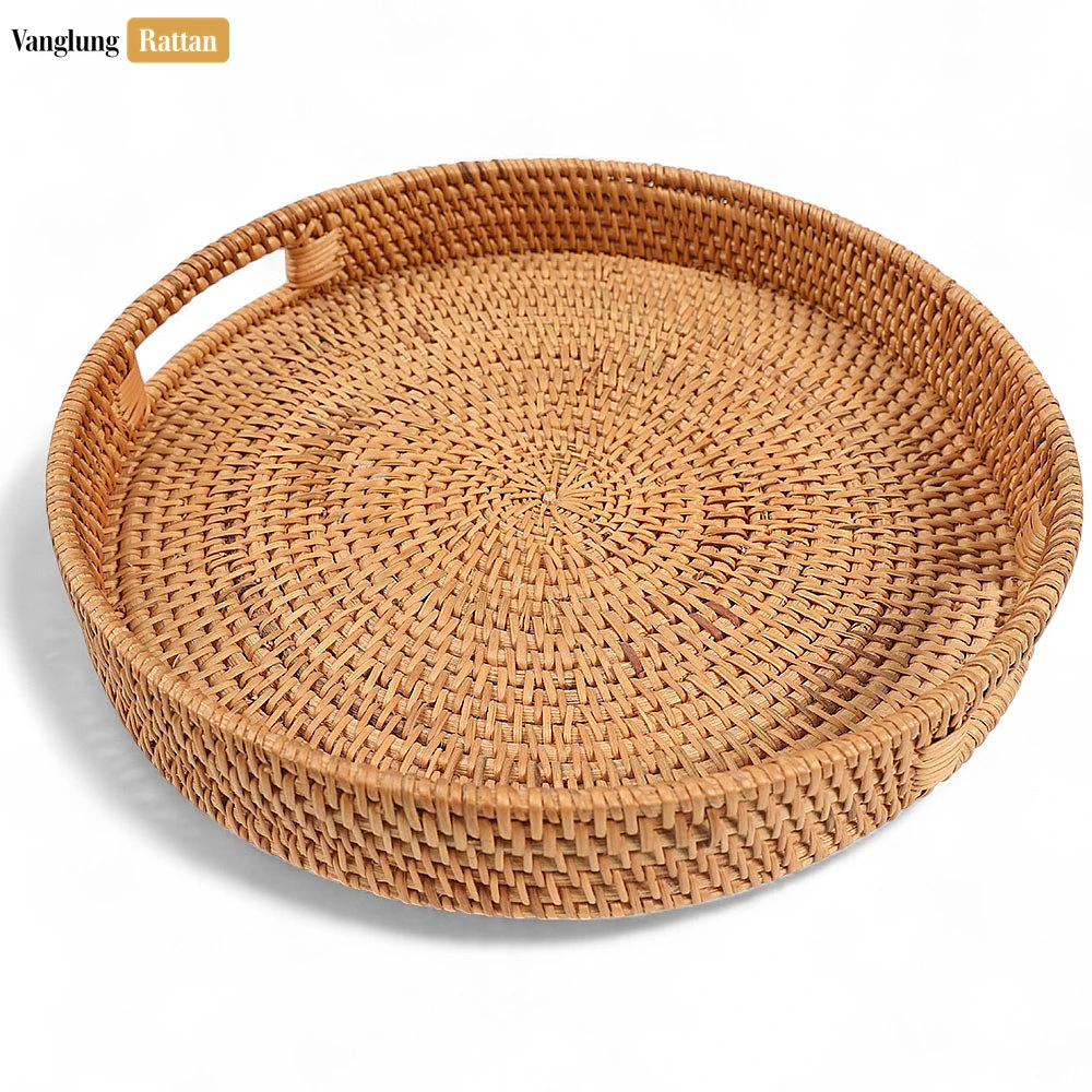 Brown Circular Straw Rattan Serving Tray with Integrated Handles - STRO011001BR - 🌾 Brown Circular Straw Rattan Serving Tray with Integrated Handles - STRO011001BR