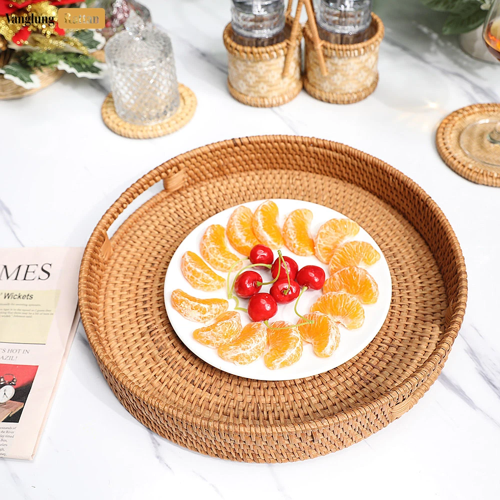 Brown Circular Straw Rattan Serving Tray with Integrated Handles - STRO011001BR - 🎯 Applications