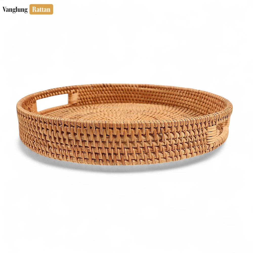 Brown Circular Straw Rattan Serving Tray with Integrated Handles - STRO011001BR - ✨ Product Highlights
