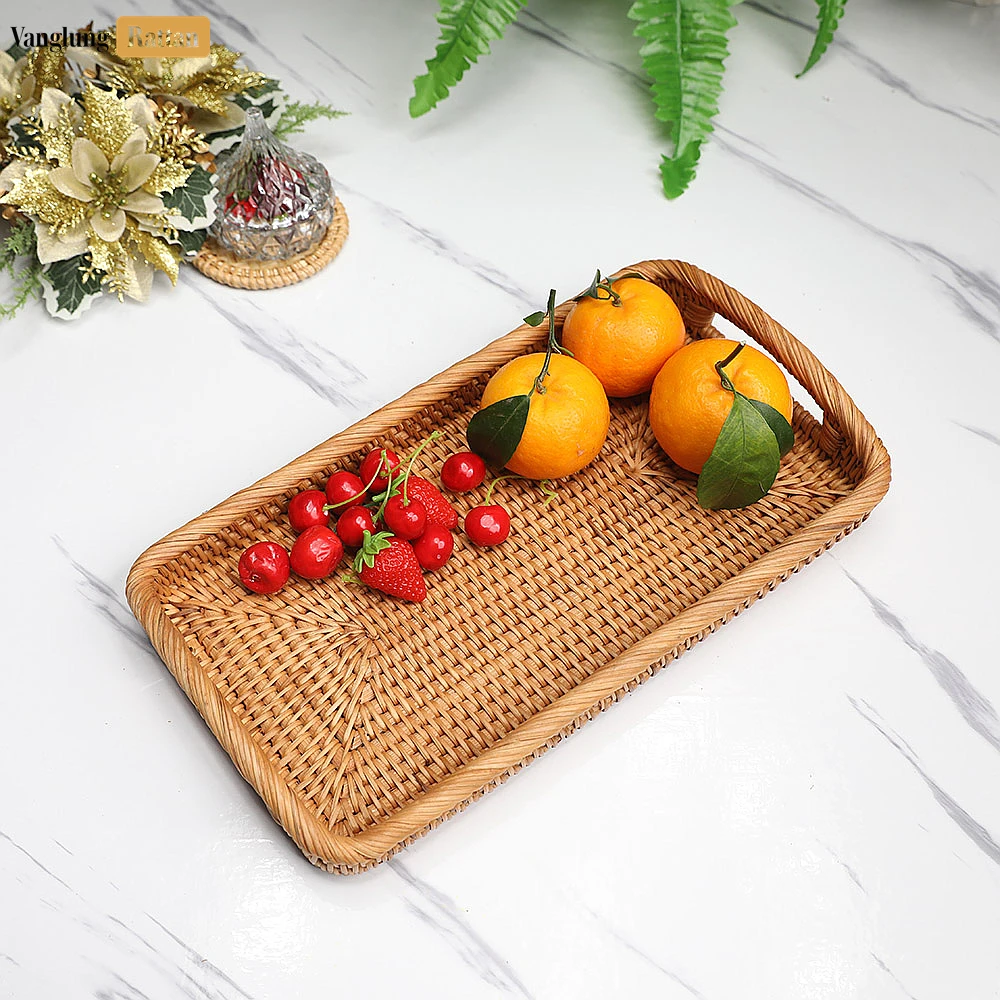 Brown Handwoven Long Rectangle Straw Rattan Handles Serving Tray with Fine Weave - STCN011008 - 🎯 Applications