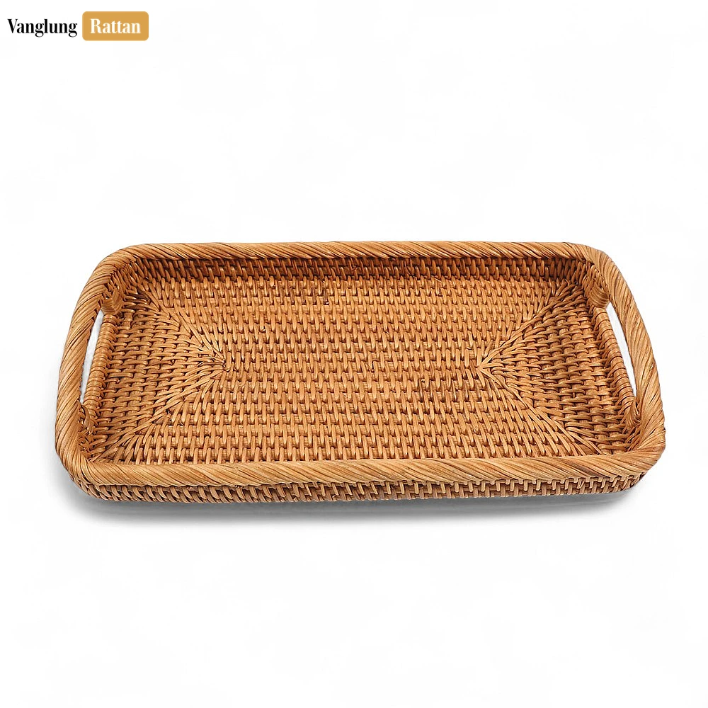 Brown Handwoven Long Rectangle Straw Rattan Handles Serving Tray with Fine Weave - STCN011008 - ✨ Product Highlights