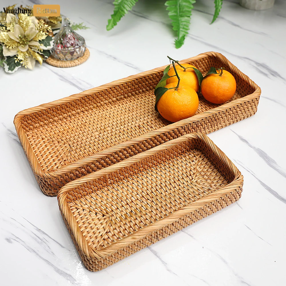 Brown Handwoven Long Rectangle Straw Rattan Serving Tray with Fine Weave - STCN011007 - 🏠 Applications