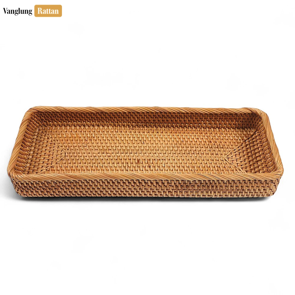 Brown Handwoven Long Rectangle Straw Rattan Serving Tray with Fine Weave - STCN011007 - ✨ Product Highlights