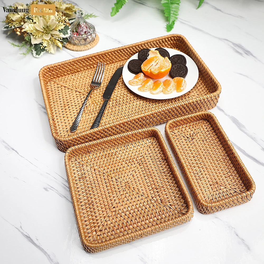 Brown Handwoven Rectangle Straw Rattan Basket Serving Tray with Fine Weave - STCN011006 - 🎯 Applications