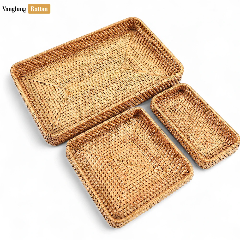 Brown Handwoven Rectangle Straw Rattan Basket Serving Tray with Fine Weave - STCN011006 - ✨ Product Highlights