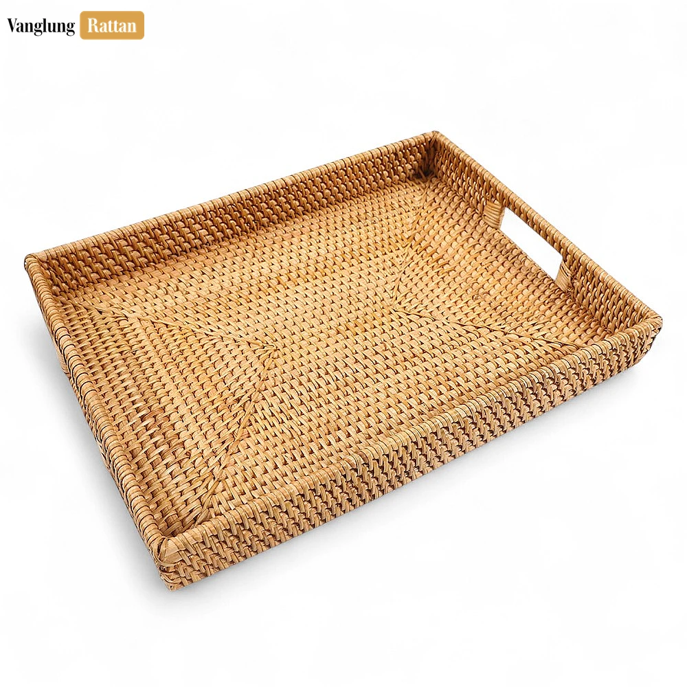 Brown Handwoven Rectangle Straw Rattan Handles Serving Tray with Fine Weave - STCN011002BR - 🌾 Brown Handwoven Rectangle Straw Rattan Handles Serving Tray with Fine Weave - STCN011002BR