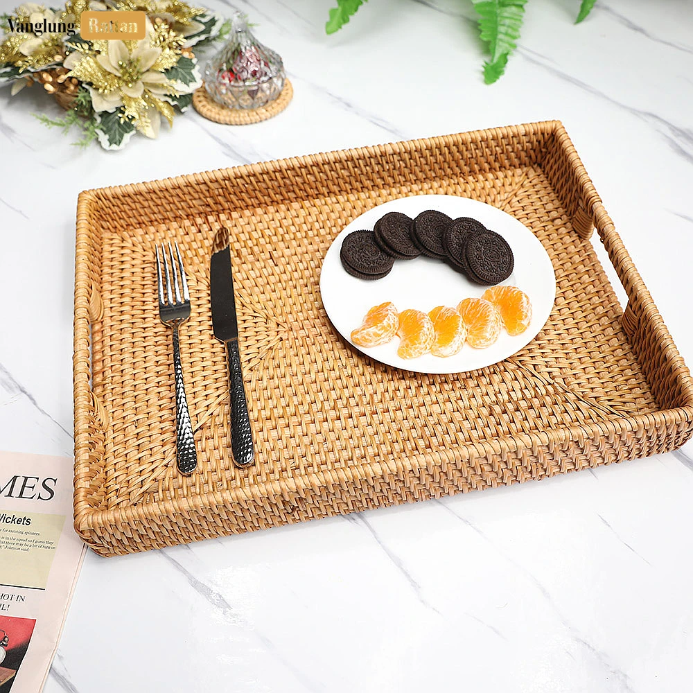 Brown Handwoven Rectangle Straw Rattan Handles Serving Tray with Fine Weave - STCN011002BR - 🎯 Applications