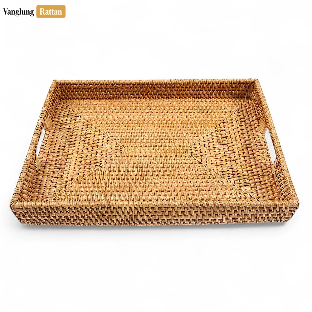 Brown Handwoven Rectangle Straw Rattan Handles Serving Tray with Fine Weave - STCN011002BR - ✨ Product Highlights